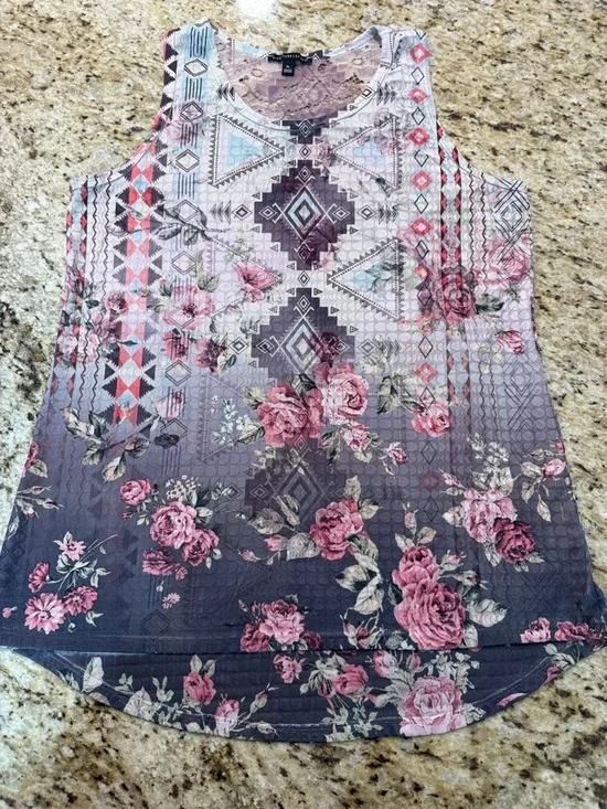 NWOT Signature Studio Pretty Floral Print Tank Top w Lace XL - Picture 4 of 12